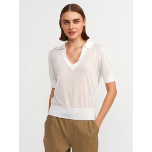 10570 Polo Yaka Transparan Bluz-Beyaz