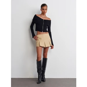 60252 Bardot Yaka Fermuarlı Triko Hırka-Siyah