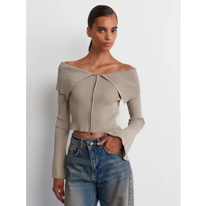 60252 Bardot Yaka Fermuarlı Triko Hırka-Vizon