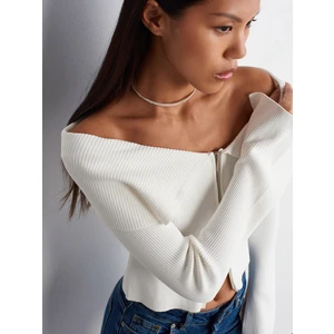 60252 Bardot Yaka Fermuarlı Triko Hırka-Ekru