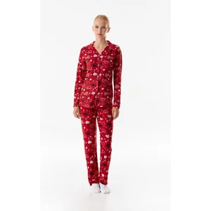Kalp Desenli Gömlek Yaka Pijama Takımı