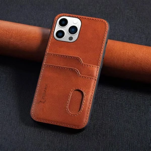 iPhone 16 Pro Max Uyumlu Kılıf Kartlıklı Lüx Deri Kılıf Kahverengi
