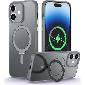 iPhone 16 Plus Uyumlu Kılıf First Class Standlı Silikon Kılıf Kablosuz Şarj Destekli Gri