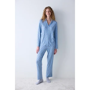Cute Bows Açık Mavi Gömlek Pantolon Pijama Takımı