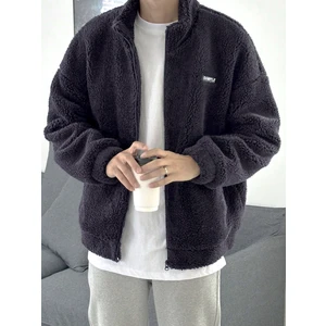 Genius Store Oversize Tam Fermuarlı Kuzu Sweatshirt Içi Polarlı Sherpa Kumaş Sweatshirt Füme M