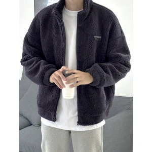 Genius Store Oversize Tam Fermuarlı Kuzu Sweatshirt Içi Polarlı Sherpa Kumaş Sweatshirt Füme L
