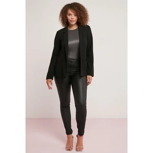 Jamila Kadın Dokuma Krep Interlok Kumaşlı Takma Cepli Düğmesiz Uzun Siyah Büyük Beden Ceket