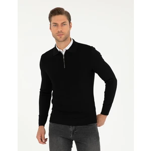 Pierre Cardin Erkek Siyah Regular Fit Fermuarlı Polo Yaka Triko Kazak 50296453-VR046