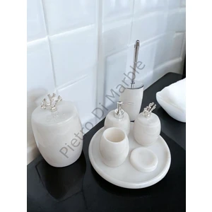 Pietro Di Marble Beyaz Mermer Oval Model 7 Parça Gümüş Renk Mercan Aksesuarlı Banyo Seti