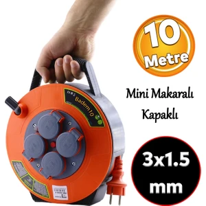 Plastik Kapaklı Mini Makaralı Seyyar 3x1.5 mm Cca Monofaze Uzatma Kablosu 4 Priz Ttr Kablo 10 Metre