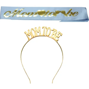 Mom To Be Metal Taç ve Kuşak & Baby Shower Set ve Mavi Altın Kuşak Altın Taç