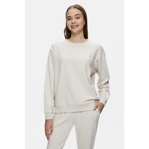 Sunnıva Bej Bisiklet Yaka Nakışlı Loose Fit Kadın Sweatshirt