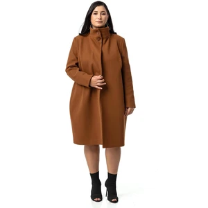 Disentis Modest Büyük Beden Dik Yaka Düğme Detaylı Astarlı Kahverengi Kaşe Kaban