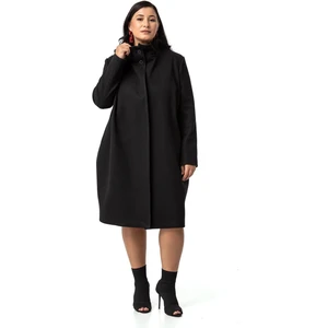 Disentis Modest Büyük Beden Dik Yaka Düğme Detaylı Astarlı Siyah Kaşe Kaban