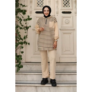 SFG Life Moda Kadın Tesettür Giyim Kapüşonlu ve Önü Yarım Fermuarlı Çizgili 2 Iplik Pantalon Ile Tunik Takım