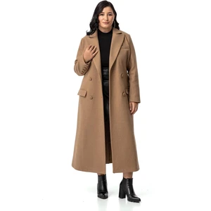 Disentis Modest Büyük Beden Kaplama Düğmeli Cepli Astarlı Uzun Vizon Kaşe Kaban