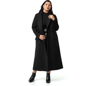 Disentis Modest Büyük Beden Kaplama Düğmeli Cepli Astarlı Uzun Siyah Kaşe Kaban