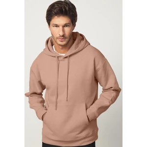 Unisex Oversize Geniş Kesim Pamuklu Yumuşak Dokulu İçi Polarlı Basic Vizon Renk Kapüşonlu Sweatshirt