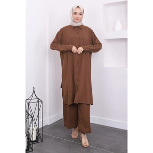 Kahverengi Yan Yırtmaçlı Tunik Pantolon Takım