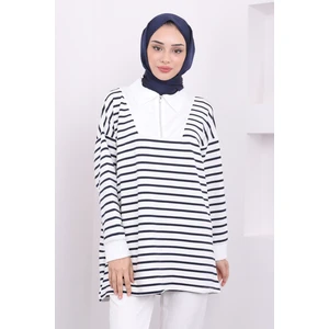 Lacivert Yaka Fermuarlı Çizgili İki İplik Sweatshirt