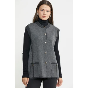 Fitilli Çift Renk Yünlü Triko Yelek - Antrasit