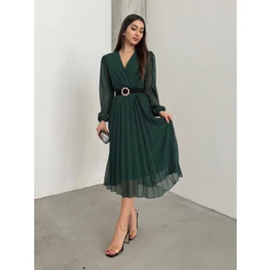 Kadın Şifon Kumaş Astalı Kloş Kesim Kruvaze Yaka Midi Boy Elbise