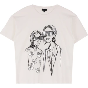 Kırık Beyaz Kadın Bisiklet Yaka Basic Baskılı T-Shirt F4WL-TST0302