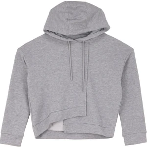 Kapüşon Yaka Asimetrik Desenli Gri Melanj Kadın Sweatshırt F4WL-SWT0373