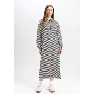 Relax Fit Çizgili Fermuarlı Polo Yaka Uzun Kollu Maxi Elbise D9062AX24WN