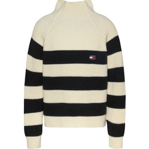 Tommy Jeans Dik Yaka Standart Çizgili Bej - Siyah Kazak Kadın Tjw Strıpe Mocknck Badge Sweater