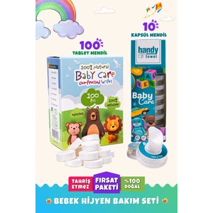 Handy Towel Organik Bebek Mendili (100 Adet) ve Temizlik Hijyen Kapsülü (10 Adet) – 100% Doğal, Sıkıştırılmış Tablet Mendi