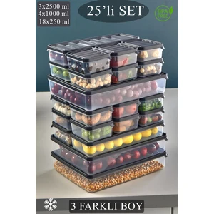 Krm Home Mikrodalga Ve Difriz Uyumlu 25 Parça Saklama Kabı Seti,3x2500ml 4x1000ml 18x250ml, Gri