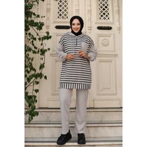 SFG Life Moda Kadın Tesettür Giyim Kapüşonlu ve Önü Yarım Fermuarlı Çizgili 2 Iplik Pantalon Ile Tunik Takım