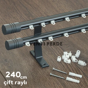 Antrasit Metal Rustik 20MM Çift Raylı Perde Askısı, Rustik Borusu, Metal Korniş