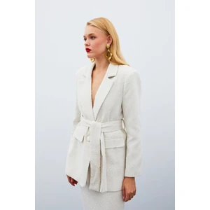 Kuşaklı Tüvit Ceket - Taş