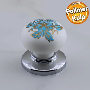 Polimer Düğme Kulp Mavi Desenli Krom Tablalı Dolap Mobilya Mutfak Dolabı Çekmece Kulbu
