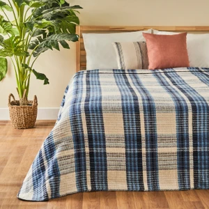 Bella Maison Noah Pamuklu Çift Kişilik Skoç Battaniye Mavi (200x220 cm)