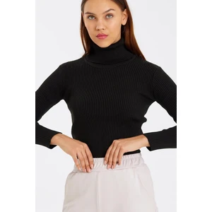 Boğazlı Balıkçı Yaka Fitilli Yünlü Kadın Siyah Triko Kazak