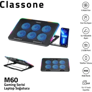 Gaming M60 Laptop Soğutucu , Notebook Stand,10 Rgb Işık Kontrolü, 15.6 -17 Inch , Hız Kontrolü , 6 Büyük Fan ,telefon Standı, 2 USB