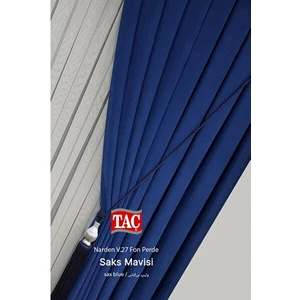 Madame Dower Taç Narden Keten Saks Mavi 1x3 Sık Pile 2 Adet Fon Perde  Bağlama Kuaşağı  V27
