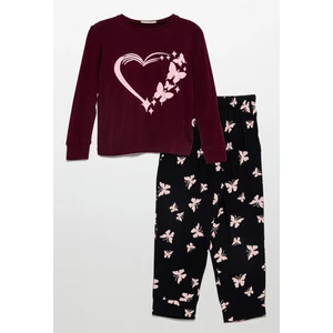 Kelebek Baskılı Doğal Viskon Bordo Pijama Takımı