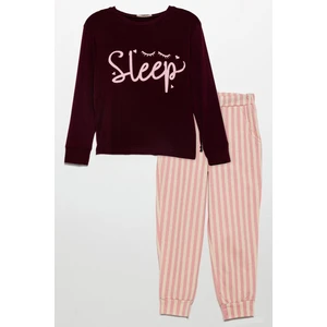 Sleep Baskılı Doğal Viskon Bordo Pijama Takımı