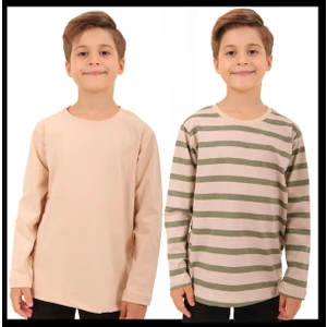 2'li Bisiklet Yaka Uzun Kollu Çizgili ve Düz Unisex Çocuk Sweatshirt Haki Bej-Bej