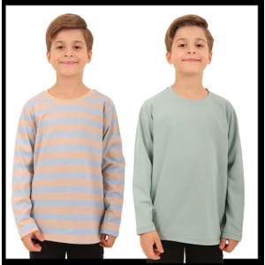 2'li Bisiklet Yaka Uzun Kollu Çizgili ve Düz Unisex Çocuk Sweatshirt Açık Mavi-Bej