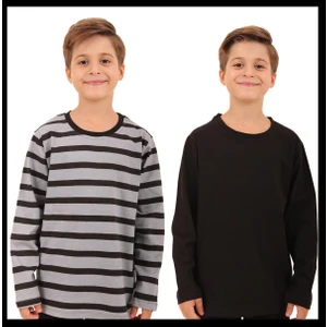 2'li Bisiklet Yaka Uzun Kollu Çizgili ve Düz Unisex Çocuk Sweatshirt Siyah Gri-Siyah