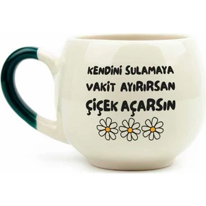 Palto Tasarım Kendini Sulamaya Vakit Ayırırsan Çiçek Açarsın Krem Parlak Balon Kupa (Yeşil Kulp) - Hediye Seramik Kupa