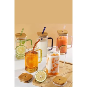 Gilli Store Bambu Kapaklı Borosilikat Renkli Pipetli Cam Bardak Kahve Sunum Isıya Dayanıklı 350ML