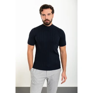 Çizgili Lacivert Slim Fit Yarım Balıkçı Yaka Erkek Triko T-Shirt