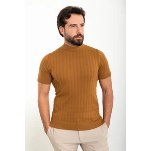 Çizgili Kamel Slim Fit Yarım Balıkçı Yaka Erkek Triko T-Shirt