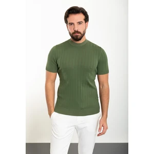 Çizgili Haki Slim Fit Yarım Balıkçı Yaka Erkek Triko T-Shirt
